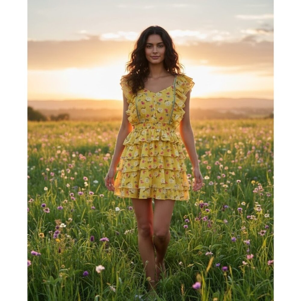 NWT LoveShackFancy Phyllis Mini in Sunbath Yellow Floral Tiered Cotton Dress S